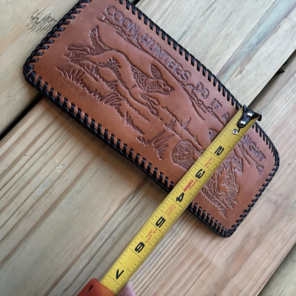 Vintage Handmade Leather Wallet Coon Hunting Bifold Hand Tooled Whipstitch USA